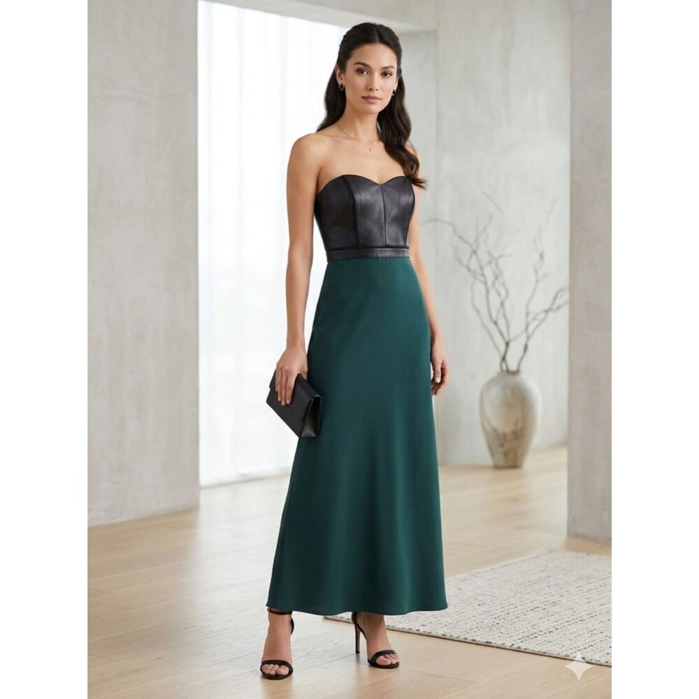 Aidan Mattox Leather Bodice Maxi Gown in Emerald Green & Black Sheepskin size 6